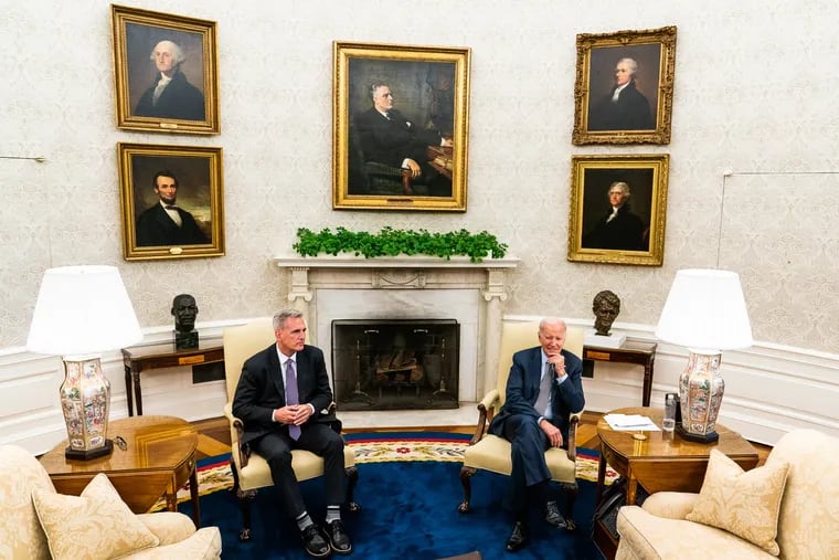 House Speaker Kevin McCarthy (R-Calif., left) and President Joe Biden in the Oval Office last month.