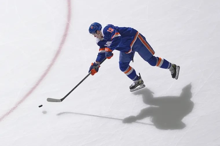 ELMONT, NEW YORK - JANUARY 27: Mathew Barzal #13 of the New York Islanders warms up prior to a game against the Florida Panthers at UBS Arena on January 27, 2024 in Elmont, New York. (Photo by Bruce Bennett/Getty Images)