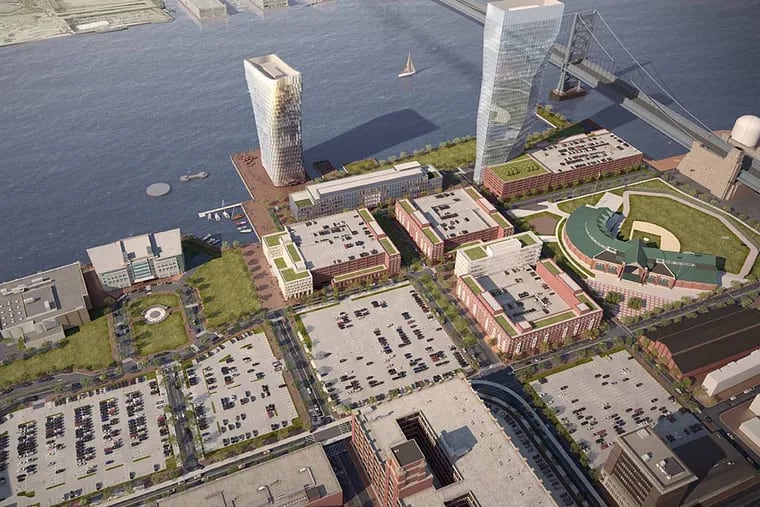 Rendering shows an aerial view of a proposed Liberty Property Trust mixed-use development on the Camden waterfront. (Volley for Robert A.M. Stern Architects)