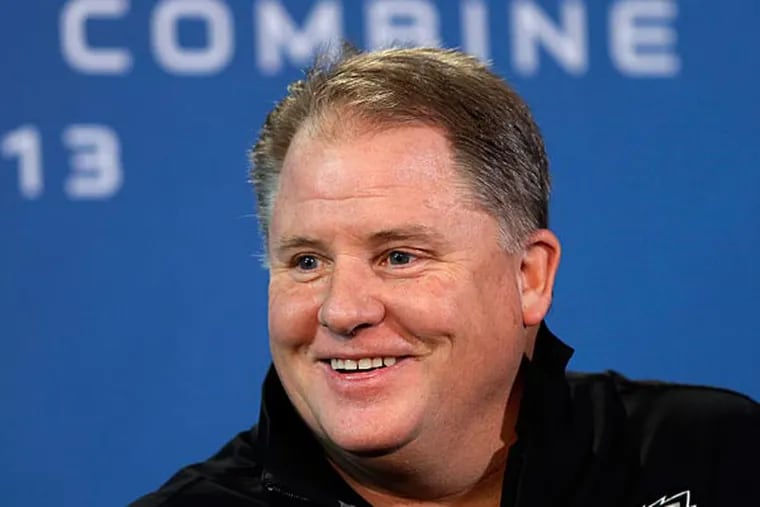 Philadelphia Eagles head coach Chip Kelly answers a question during a
news conference at the NFL football scouting combine in Indianapolis,
Thursday, Feb. 21, 2013. (AP Photo/Michael Conroy)