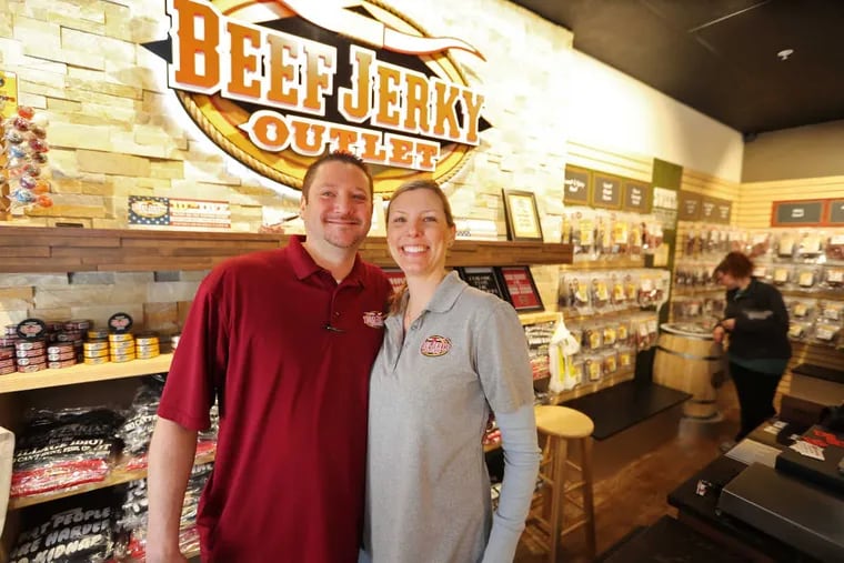 Owners Ben and Ellen Nonnemacher have realized their dream of offering all kinds of beef jerky to the public at Beef Jerky Outlet in the Philadelphia Premium Outlets in Limerick, Pa. Saturday February 18, 2017.
