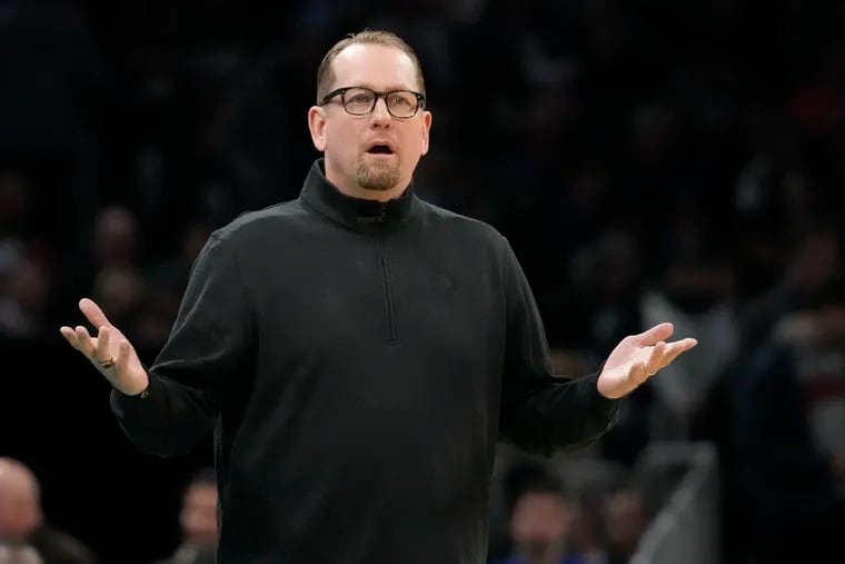 Toronto Raptors coach Nick Nurse reacts to a call during a game against the Boston Celtics on April 5.