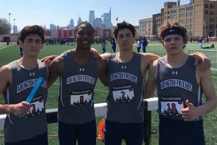 The Abington Friends 1,600-meter sprint medley relay team of (left to right) Jake Balick, Taalib Holloman, Chase Balick and Sam Shally finished first Friday in New York.