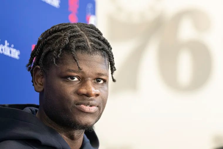 New Sixers center Mo Bamba talking to reporters during a press conference at the 76ers training facility in Camden on Monday.