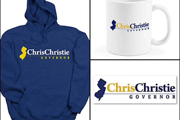 Some of the items emblazoned with Chris Christie's name: a hooded sweatshirt ($45.95 to $48.95), a coffee mug ($9.95) and a bumper sticker ($2.95). All are available at www.governorchristie.com/