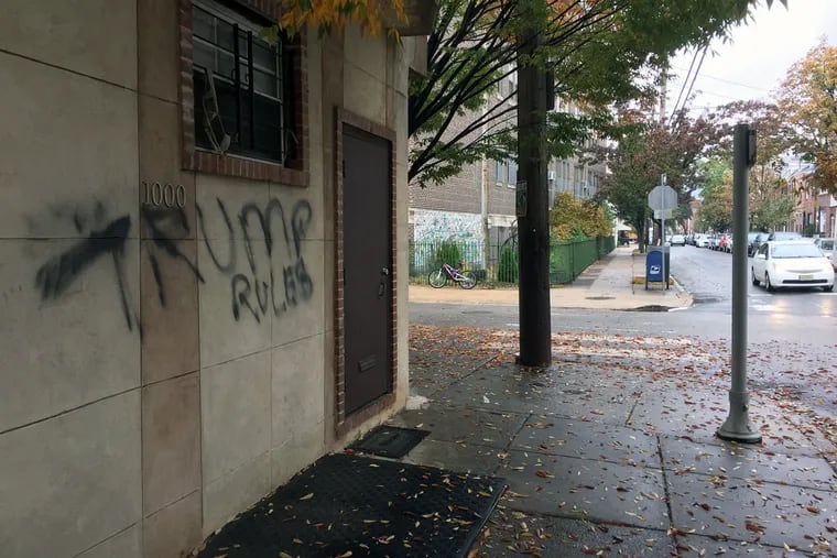 Graffitti at Sixth and Carpenter Streets in Philadelphia on Wednesday, Nov. 9, 2016.