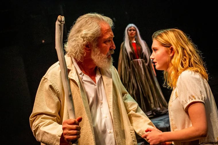 (Left to right) Michael Hajek, Jessica Myhr, and Amanda Clark in "The Tempest" through July 21 at the Phoenix Theatre in Chester Springs.