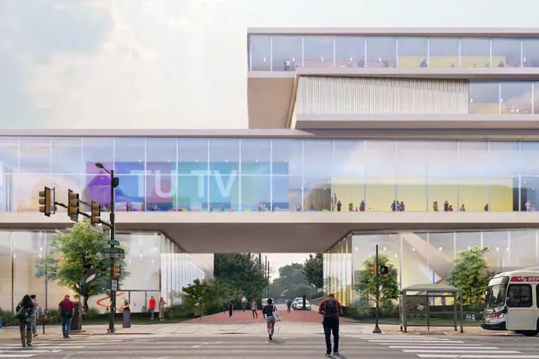 A rendering of the new home for Temple University's Klein College of Media and the Center for the Performing and Cinematic Arts, looking down an extended Polett Walk.
