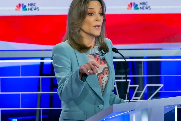 Democratic presidential candidate Marianne Williamson speaks during the second night of the first Democratic presidential debate on Thursday, June 27, 2019, at the Arsht Center for the Performing Arts in Miami.