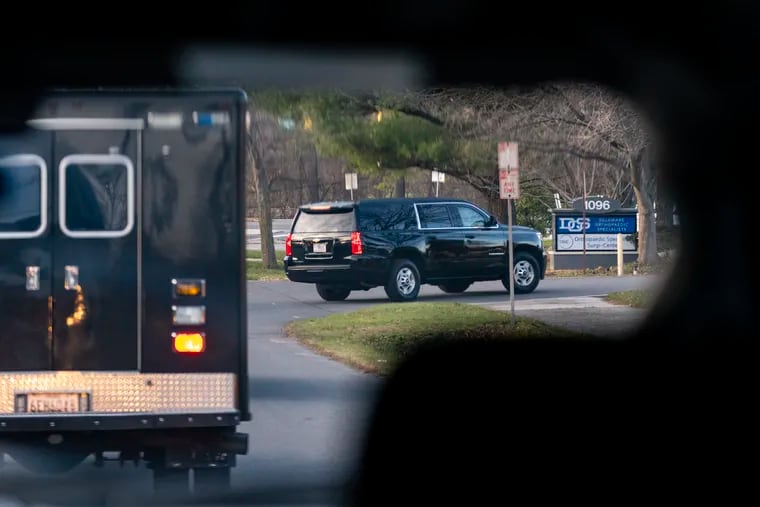A motorcade with President-elect Joe Biden aboard arrives at Delaware Orthopaedic Specialists in Newark, Del., for his visit to a doctor on Sunday.
