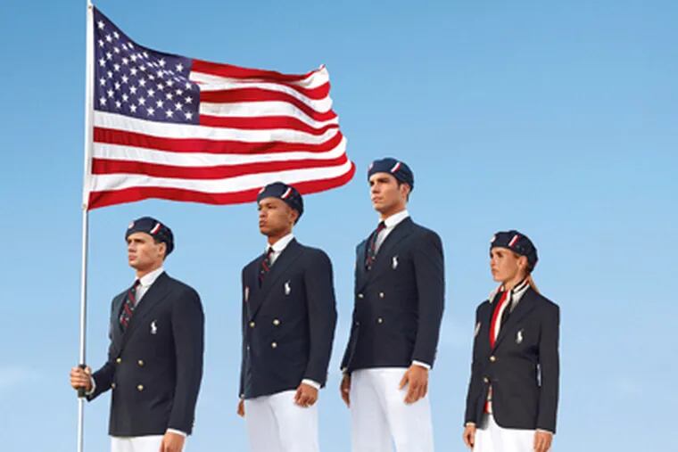 This image released by Ralph Lauren shows U.S. Olympic athletes, from left, swimmer Ryan Lochte, decathlete Bryan Clay, rower Giuseppe Lanzone and soccer player Heather Mitts modeling official Team USA Opening Ceremony Parade Uniform. (AP Photo/Ralph Lauren, File)