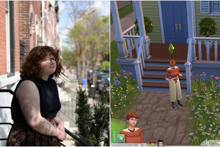 Left: Franny Mestrich, outside her home in South Philly. Right: The Sim version of Mestrich, outside of her cottage-inspired abode.