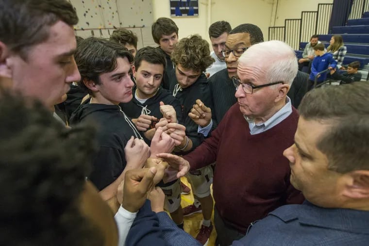 Speedy Morris, current St. Joseph’s Prep coach, formerly coach at Roman Catholic High School, La Salle University women and La Salle University men. Over 20 active coaches either played for or coached under Morris. He gathers his team before their game against Girard College on Dec. 8 , 2017. CHARLES FOX / Staff Photographer