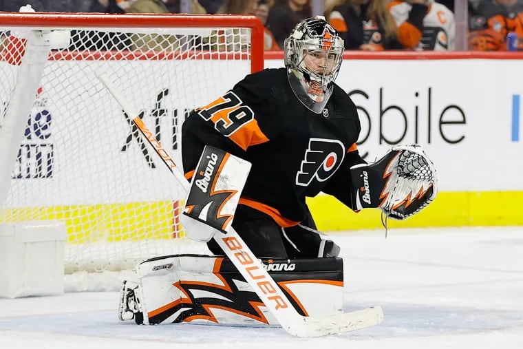 Flyers goaltender Carter Hart was presented with three team-centric end-of-season awards Tuesday.