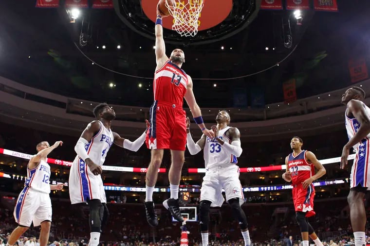 The Wizards' center Marcin Gortat had a team-high tying 16 points to go with four rebounds, three assists, a block, and a steal in Washington's 127-118 victory over the Sixers at the Wells Fargo Center on Friday night.