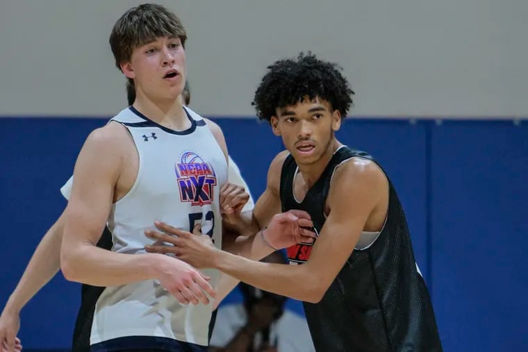 Izaiah Pasha (right) at the Donofrio Classic on April 13, 2023. Pasha made his commitment to Delaware last week after a year of prep school at St. Thomas More in Connecticut.