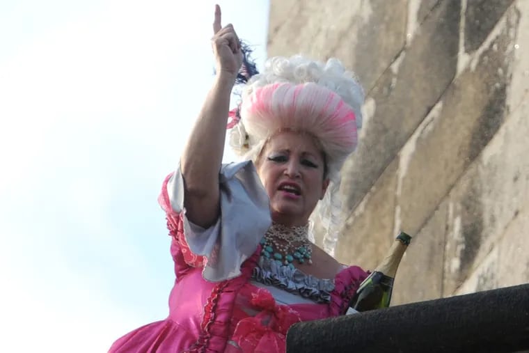 Terry McNally of London Grill doing her Marie Antoinette "Let them eat cake" thing at Bastille Day 2014.