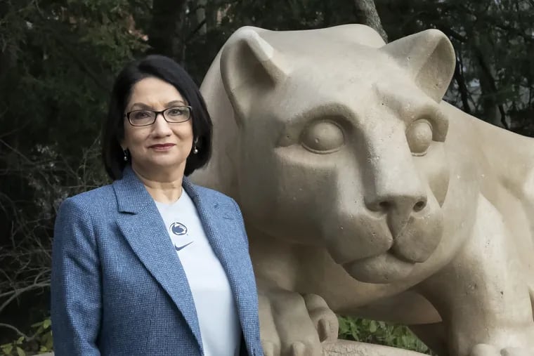 Neeli Bendapudi, Pennsylvania State University's new president, by the Nittany Lion statue on the main campus in State College.