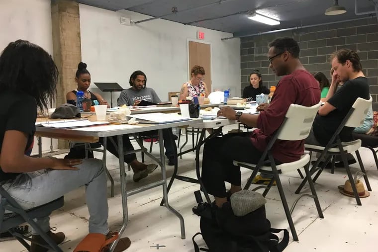 (Left to right:) Kishia Nixon, Tamilla Woodard, Terence Anthony, Michele Volansky, Olivia Matlin, Steven Wright, Anna Barnett, and Ross Beschler hard at work on Anthony’s play “The House of the Negro Insane” at the PlayPenn New Play Development Conference.