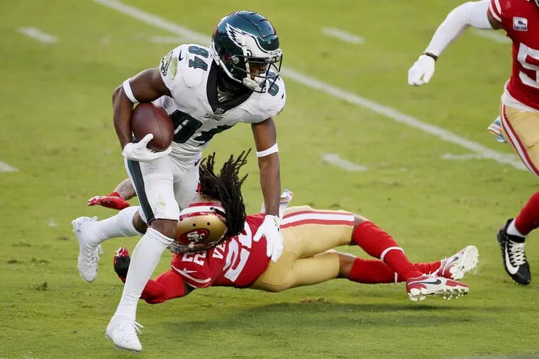 Eagles wide receiver Greg Ward, shown running after a catch against the 49ers last Sunday night, is tied for third in the NFL in third-down receptions.