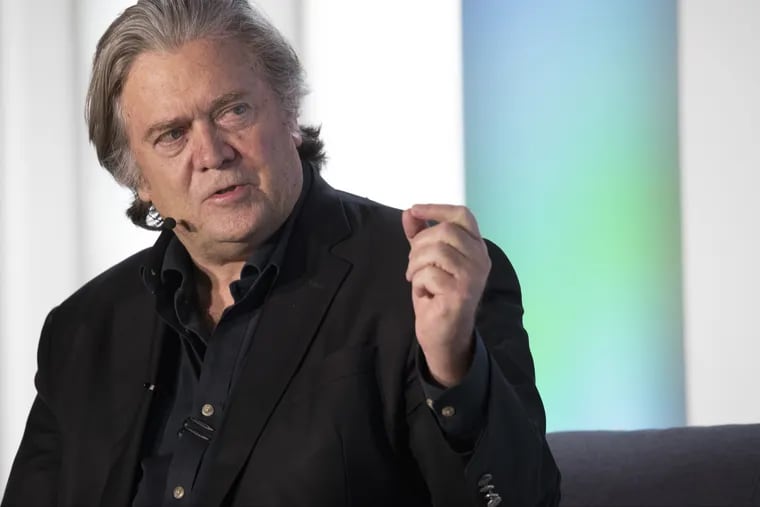 President Donald Trump's former chief strategist Steve Bannon gestures as he speaks during during an ideas festival sponsored by The Economist, Saturday, Sept. 15, 2018, in New York. Bannon said he's surprised the #MeToo movement hasn't had more impact on corporate America. (AP Photo/Mary Altaffer)