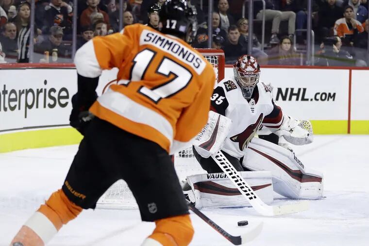 Arizona Coyotes goalie Darcy Kuemper turns aside a shot by the Flyers' Wayne Simmonds during the second period Thursday.