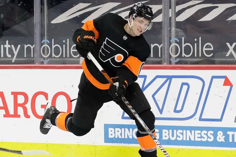 Flyers defenseman Travis Sanheim skates with the puck against the New Jersey Devils on April 25.