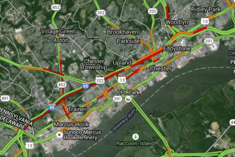 An accident snarled traffic on northbound  I-95 from Delaware to Chester on Monday, July 6, 2015. Google maps