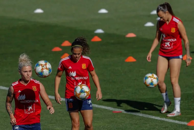 In this Tuesday, May 28, 2019, photo, Spain's women national soccer team train in Las Rozas, on the outskirts of Madrid, Spain. Spain’s women players are hoping that a strong performance at the World Cup this month will give their sport a boost just at the moment when they are fighting for their basic rights as professional athletes. Women’s soccer has experienced massive growth since the 2015 World Cup. (AP Photo/Bernat Armangue)