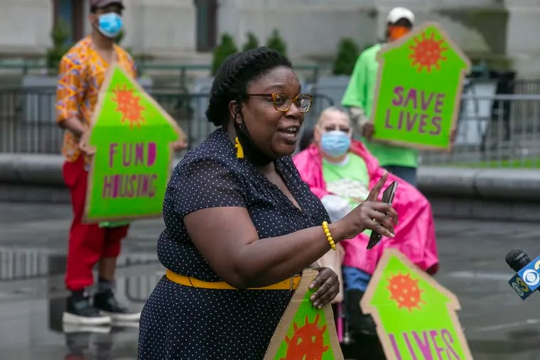 Councilmember Kendra Brooks, a co-sponsor of the bill to allocate annual funding for the Housing Trust Fund in the budget, last year participated in a rally by the Philadelphia Coalition for Affordable Communities outside City Hall.