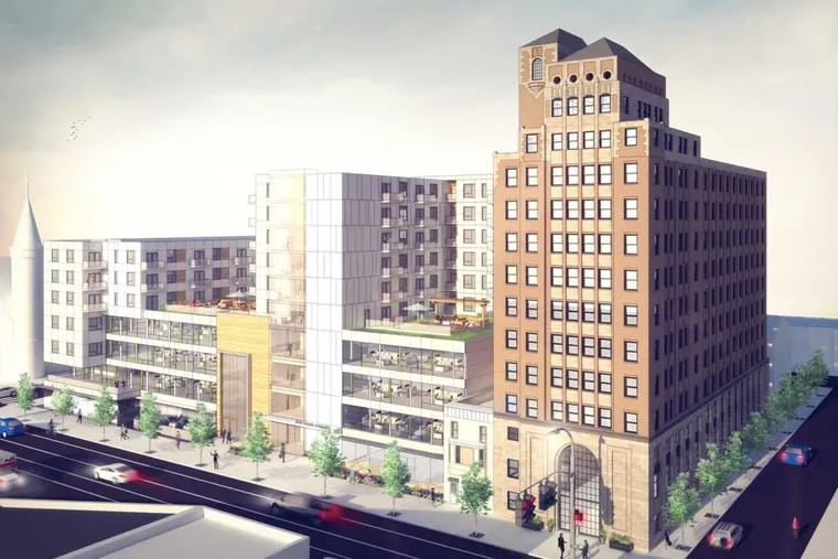 Artist's rendering of rehabbed Beury Building at Boad Street and Erie Avenue, with new annex under consideration for adjacent lot.