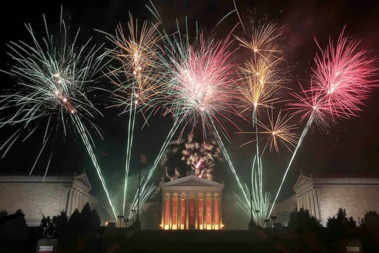 Big finish for the Fourth: Fireworks streak across the night sky over the Philadelphia Museum of Art after the musical performances by the Roots and friends for the Wawa Welcome America! Jam on the Parkway.