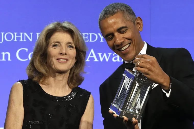 The Paris climate accord was signed during the administration of President Barack Obama, shown here accepting the 2017 Profile in Courage award from Caroline Kennedy at the John F. Kennedy Presidential Library and Museum on May 7.