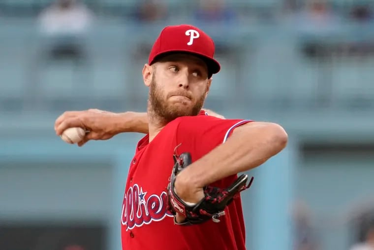 Phillies starter Zack Wheeler delivers during the first inning against the Dodgers in Los Angeles.