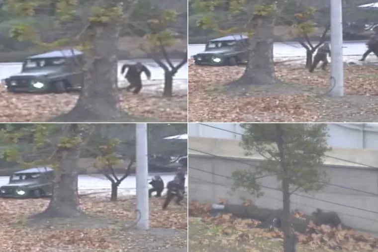 This combination of images made from surveillance video released by the United Nations Command shows a North Korean soldier running from a jeep-like vehicle and then being shot by North Korean soldiers in Panmunjom, North Korea, before collapsing across the border in South Korea.