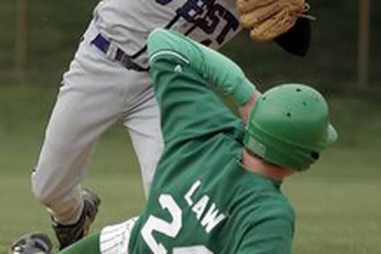 Lions second baseman J.D. Husband makes the pivot after the putout on a sliding Charlie Law of Mainland in the fourth.