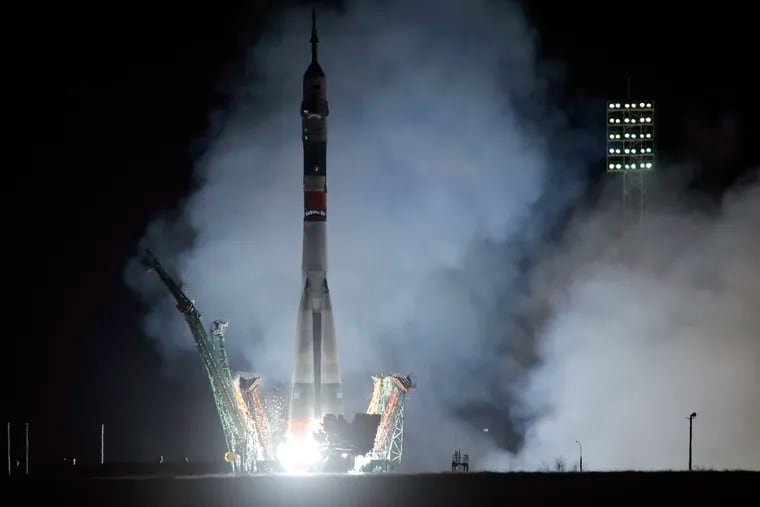 The Soyuz-FG rocket booster with Soyuz MS-12 space ship carrying a new crew to the International Space Station, ISS, blasts off at the Russian leased Baikonur cosmodrome, Kazakhstan, early Friday, March 15, 2019. The Russian rocket carries U.S. astronauts Christina Hammock Koch and Nick Hague, and Russian cosmonaut Alexey Ovchinin.