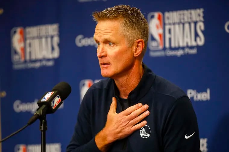 Golden State Warriors head coach Steve Kerr talks about gun violence during a news conference before Game 4 of the Western Conference finals.