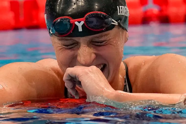 Katie Ledecky reacts after winning the women's 1,500-meter final on Wednesday.
