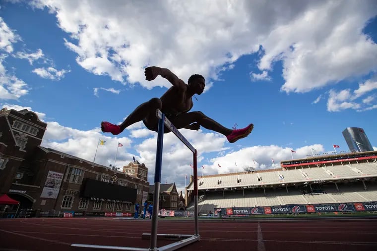 Shane Gardner, a sophomore at Penn, gets in some extra practice on the eve of the Penn Relay Carnival on April 24, 2024.  He will compete in the 110m high hurdles and the 4x100m relay in the Penn Relays.
