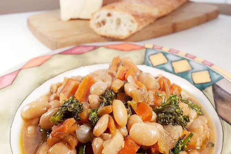 White Bean and Roasted Root Vegetable Stew With Parmesan, Broccoli Rabe.