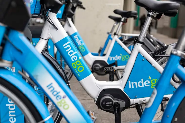 Indego e-bikes docked along Market Street and 52nd in West Philadelphia on Thursday.