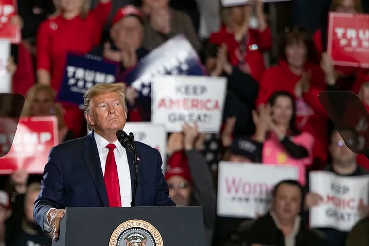 President Donald Trump pauses during a Keep America Great campaign rally in Wildwood, NJ on Tuesday, Jan. 28, 2020.