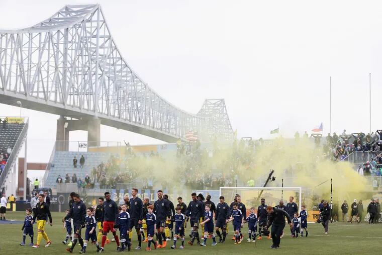 Philadelphia Union players enter the field before a game against the Columbus Crew. The team is seeking ideas for its mascot.