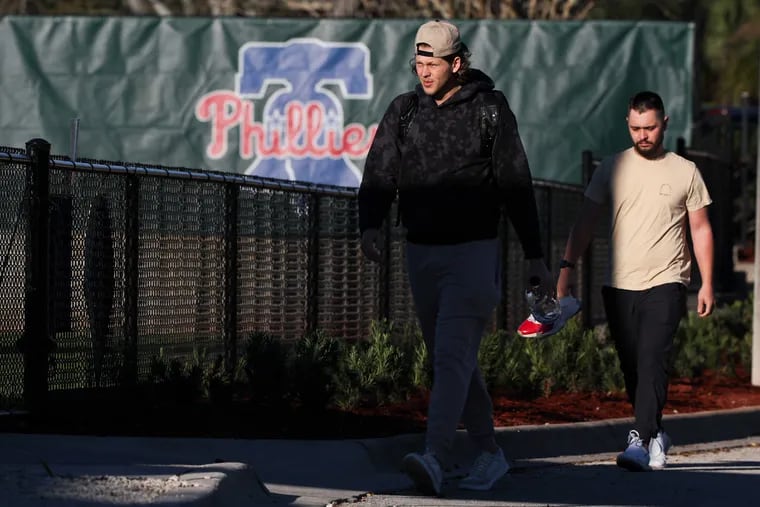Phillies third baseman Alec Bohm arrives for spring training in Clearwater, FL, Wednesday, February 14, 2024