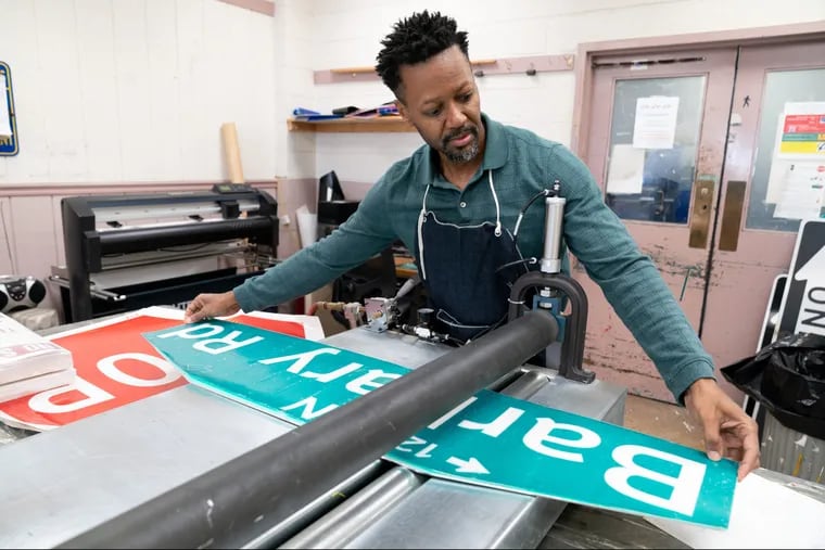 Shane Carmichael – PGL supervisor, works on a sign at the Signal and Sign Shop, at the City of Philadelphia Traffic Engineering Division, in Philadelphia, October 24, 2018.