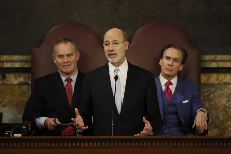 Gov. Tom Wolf delivers his budget address for the 2017-18 fiscal year to a joint session of the Pennsylvania House and Senate in Harrisburg, on Feb. 07. Speaker of the House Mike Turzai is at left, and Lt. Gov. Michael Stack, is at right.
