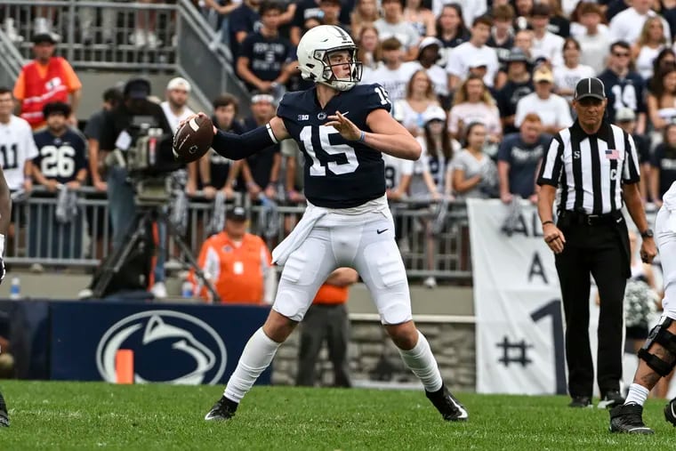 Penn State quarterback Drew Allar (15) throws a pass against Ohio during the second half of an NCAA college football game.