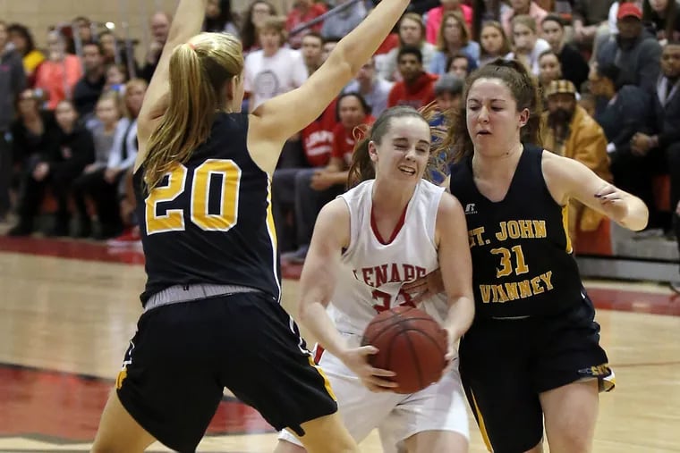 Lenape High's Kendall Keyes gets double-teamed by St. John Vianney High's Tina Lebron (right) and Kelly Campbell during the first-quarter at Lenape High School on Friday, January 29, 2016.