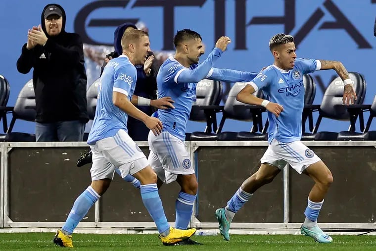 New York City FC's Gabriel Pereira (right) celebrates after scoring his team's opening goal against Inter Miami.